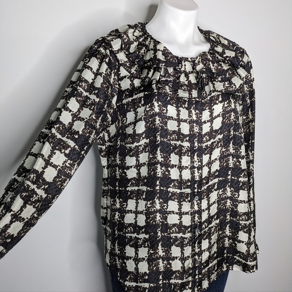 J Crew black brown cream plaid ruffle neck 100% silk button up M - Picture 3 of 8